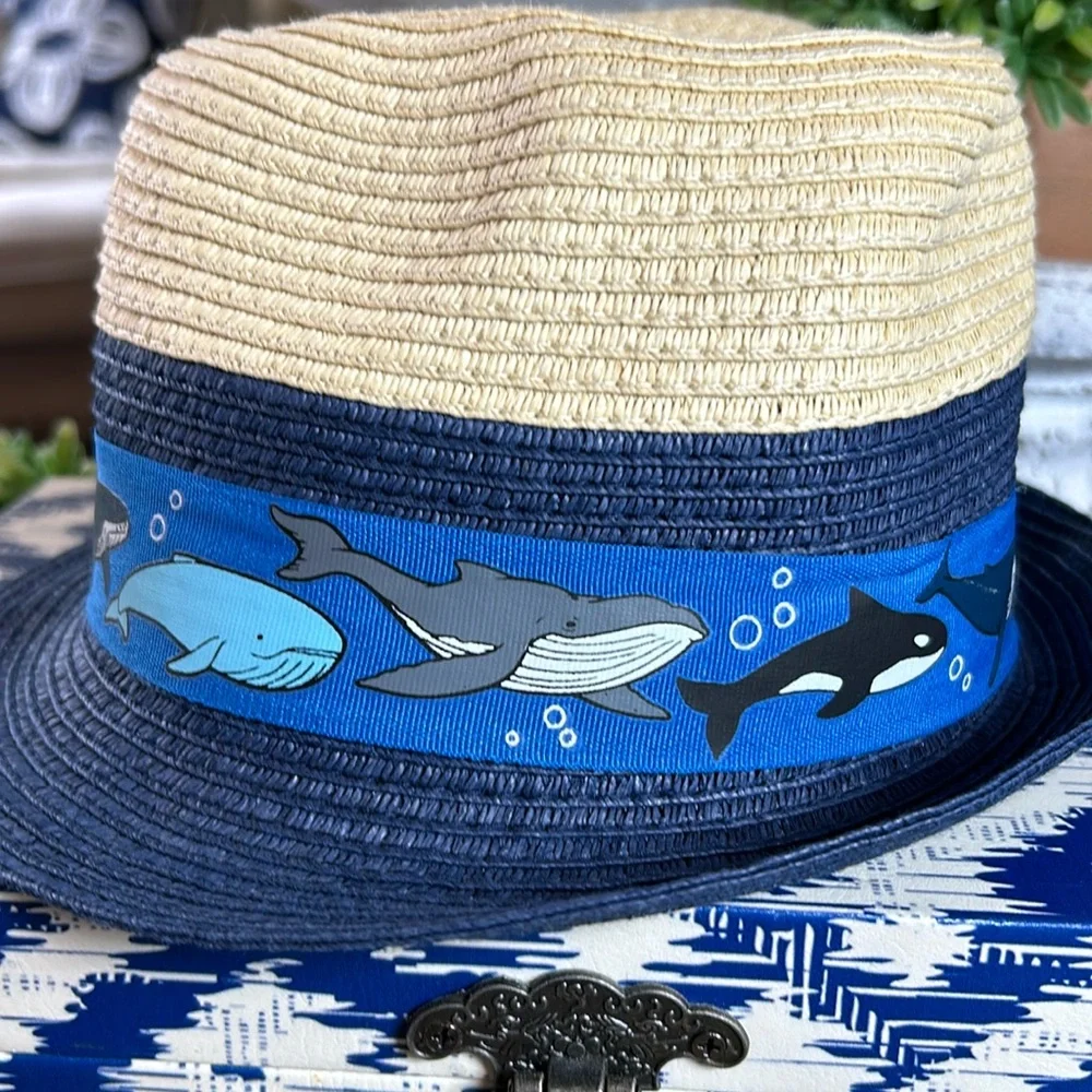 Little Boys Navy Blue & Tan Brown Straw Fedora Hat Whale Stripe